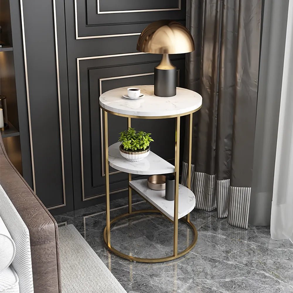 Tier White and Gold Marble Top Shelf style Metal Side Table