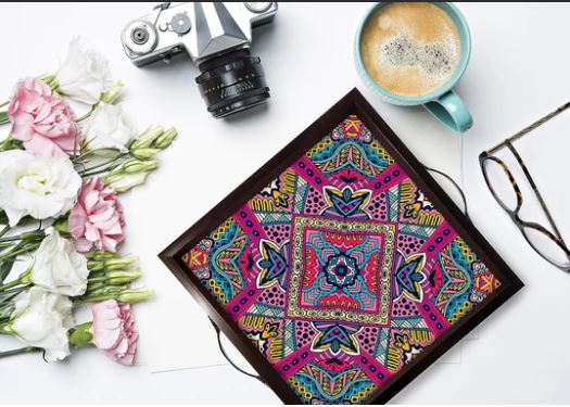 Rangoli designer Wooden Serving Tray for tea and Snacks (Starting 9x9 Inches)