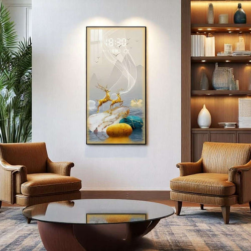 Abstract River Stone & Wildlife LED Clock Wall Decor with Golden Deer & Swans (60 x 90 CM)