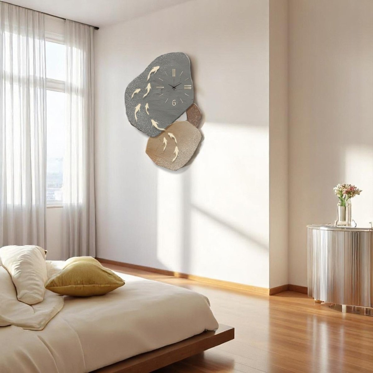 Contemporary Pebble & Fish Wall Art Clock - Nature - Inspired Timepiece (52 x 80 CM)