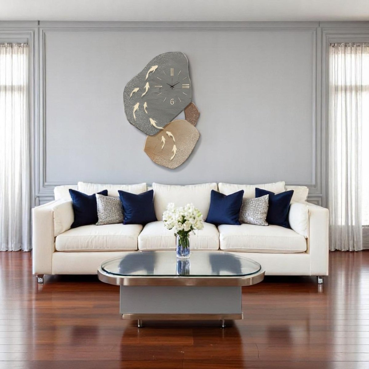 Contemporary Pebble & Fish Wall Art Clock - Nature - Inspired Timepiece (52 x 80 CM)