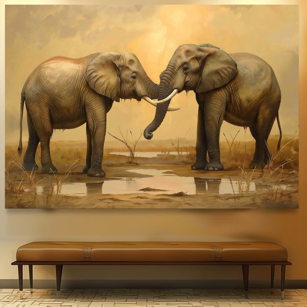 Elephants: The True companions Canvas Wall Painting (36 x 24 Inches)