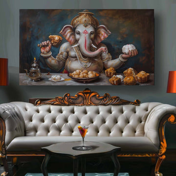 Ganesha's Sweet Feast Canvas Wall Painting (36 x 24 Inches)