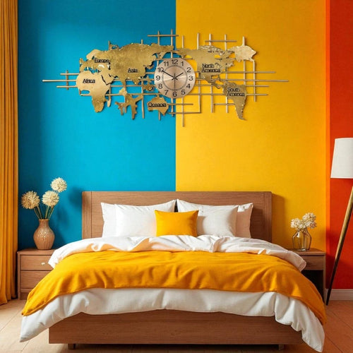 Horizons & Hours:Gold Metal World Map Wall Clock (59 x 20 Inches)