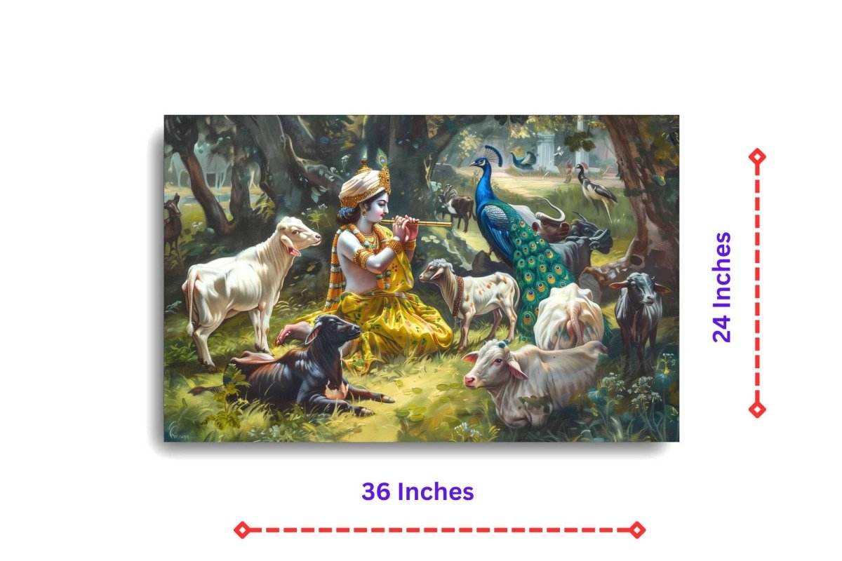 Krishna : Song of the Woodlands Canvas Wall Painting (36 x 24 Inches)