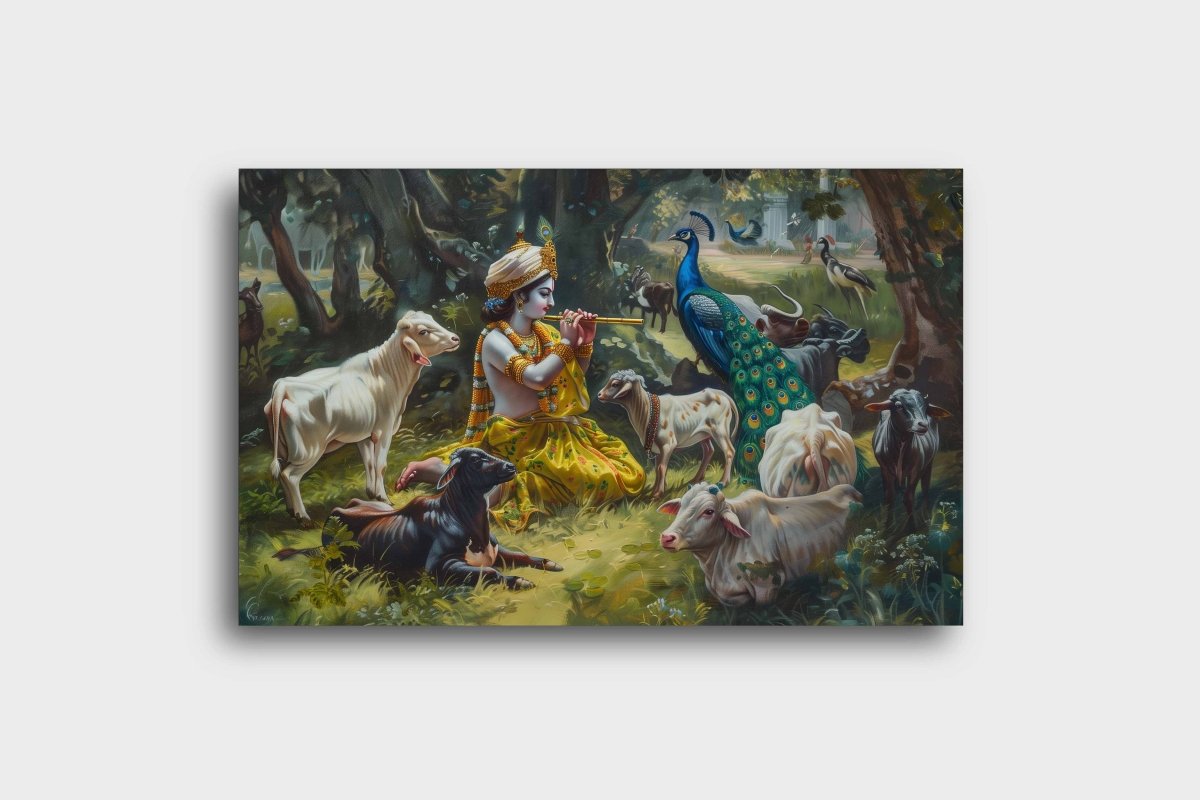Krishna : Song of the Woodlands Canvas Wall Painting (36 x 24 Inches)