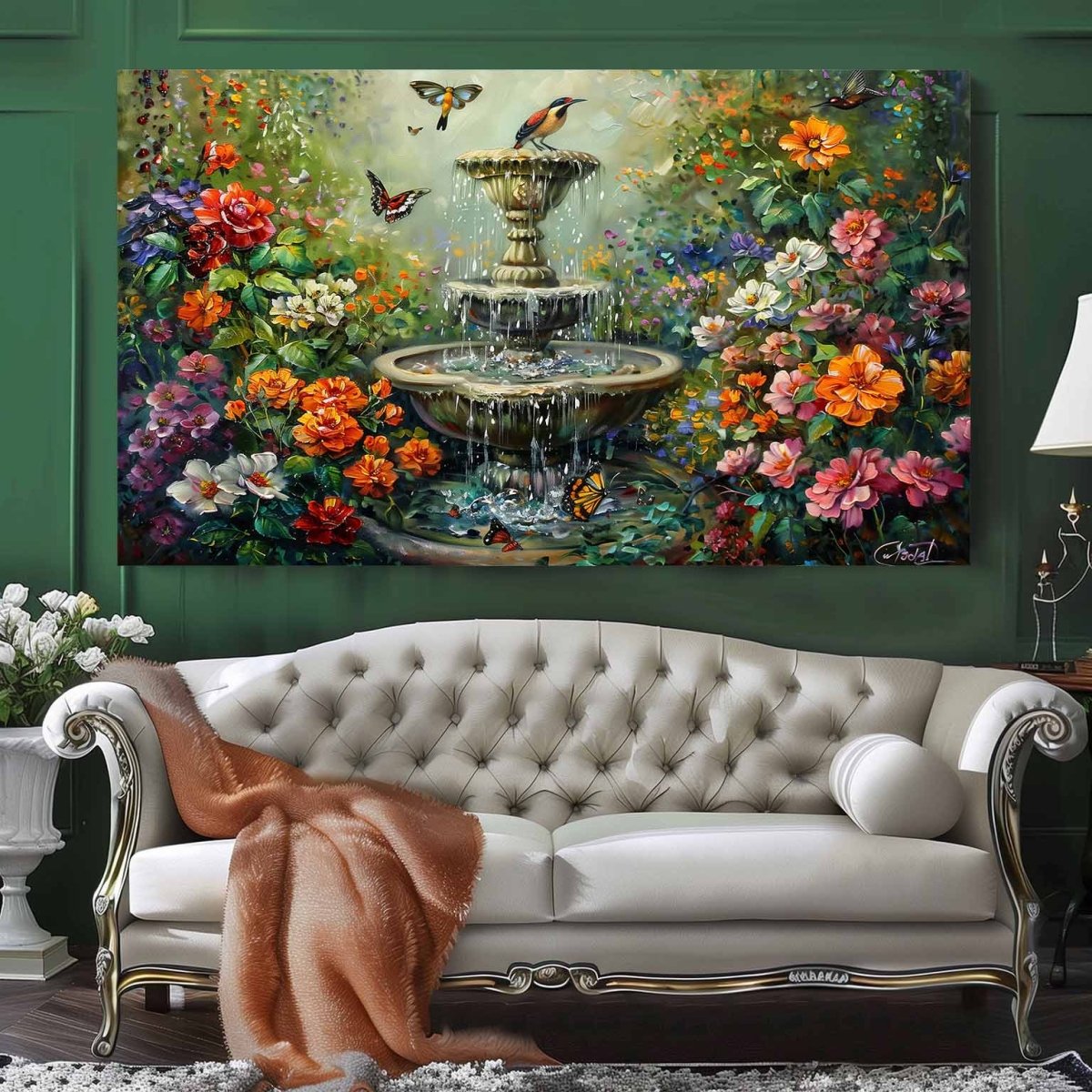 The Butterfly Ballet by the Fountain Canvas Wall Painting (36 x 24 Inches)