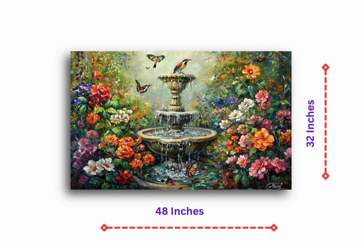 The Butterfly Ballet by the Fountain Canvas Wall Painting (36 x 24 Inches)