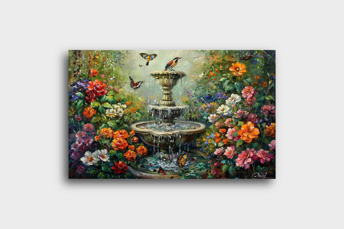 The Butterfly Ballet by the Fountain Canvas Wall Painting (36 x 24 Inches)