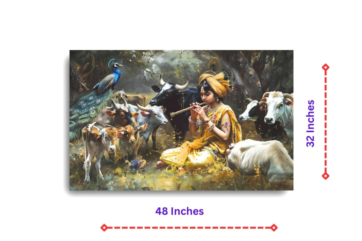 The Divine Cowherd : Krishna Canvas Wall Painting (36 x 24 Inches)