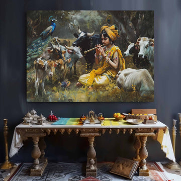 The Divine Cowherd : Krishna Canvas Wall Painting (36 x 24 Inches)