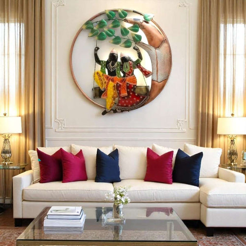 The Divine Swing: Radha Krishna's Circular Embrace (24 x 24 Inches)