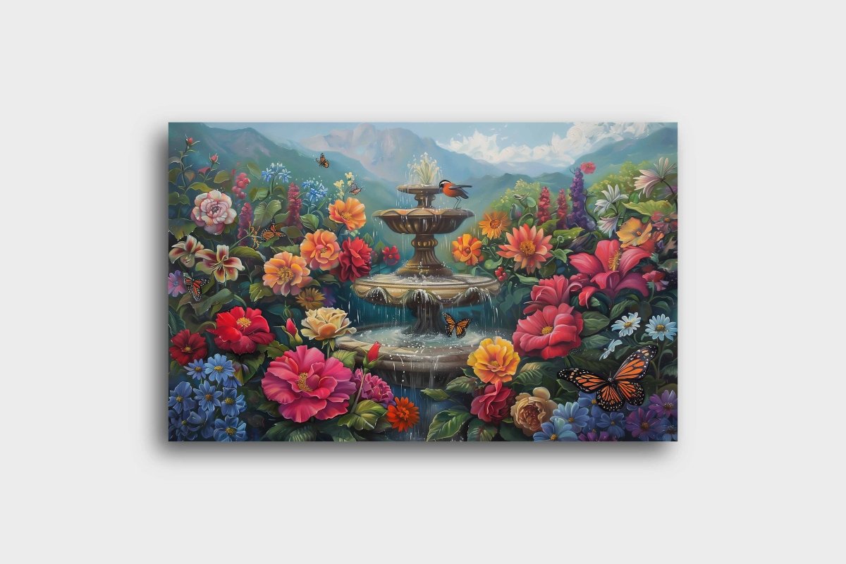 The Fountain of Flowers and Butterflies Canvas Wall painting (36 x 24 Inches)