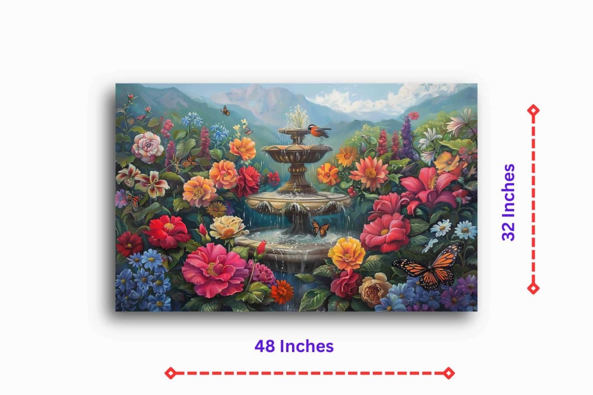 The Fountain of Flowers and Butterflies Canvas Wall painting (36 x 24 Inches)
