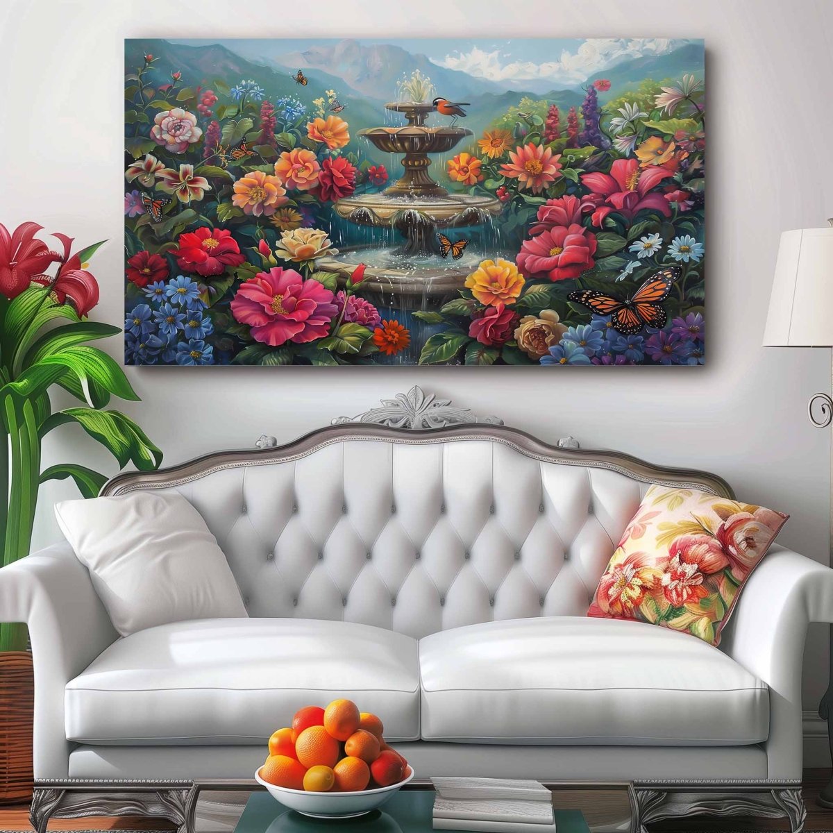 The Fountain of Flowers and Butterflies Canvas Wall painting (36 x 24 Inches)