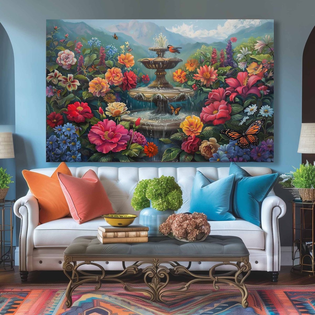 The Fountain of Flowers and Butterflies Canvas Wall painting (36 x 24 Inches)