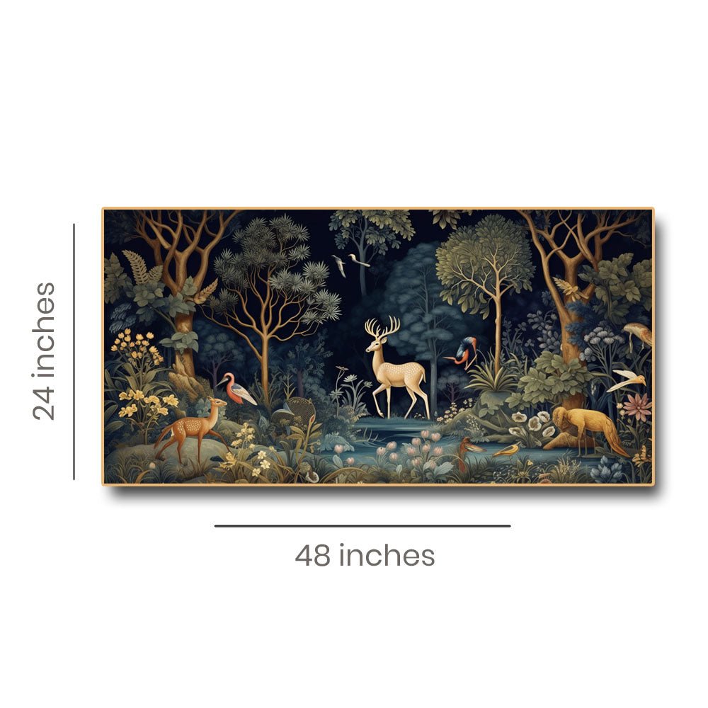 A Night Assembly at Jungle Canvas Painting with Blossoming night Flowers (48x24 Inches)