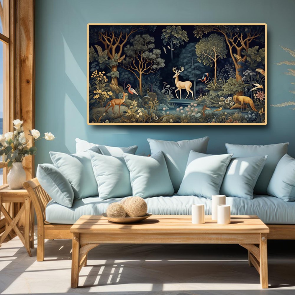 A Night Assembly at Jungle Canvas Painting with Blossoming night Flowers (48x24 Inches)