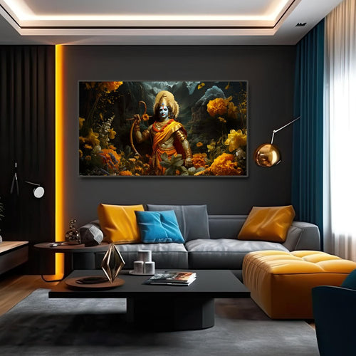 Crowned in Blooms: Rama's Majestic Presence in the Garden (48 x 24 Inches)