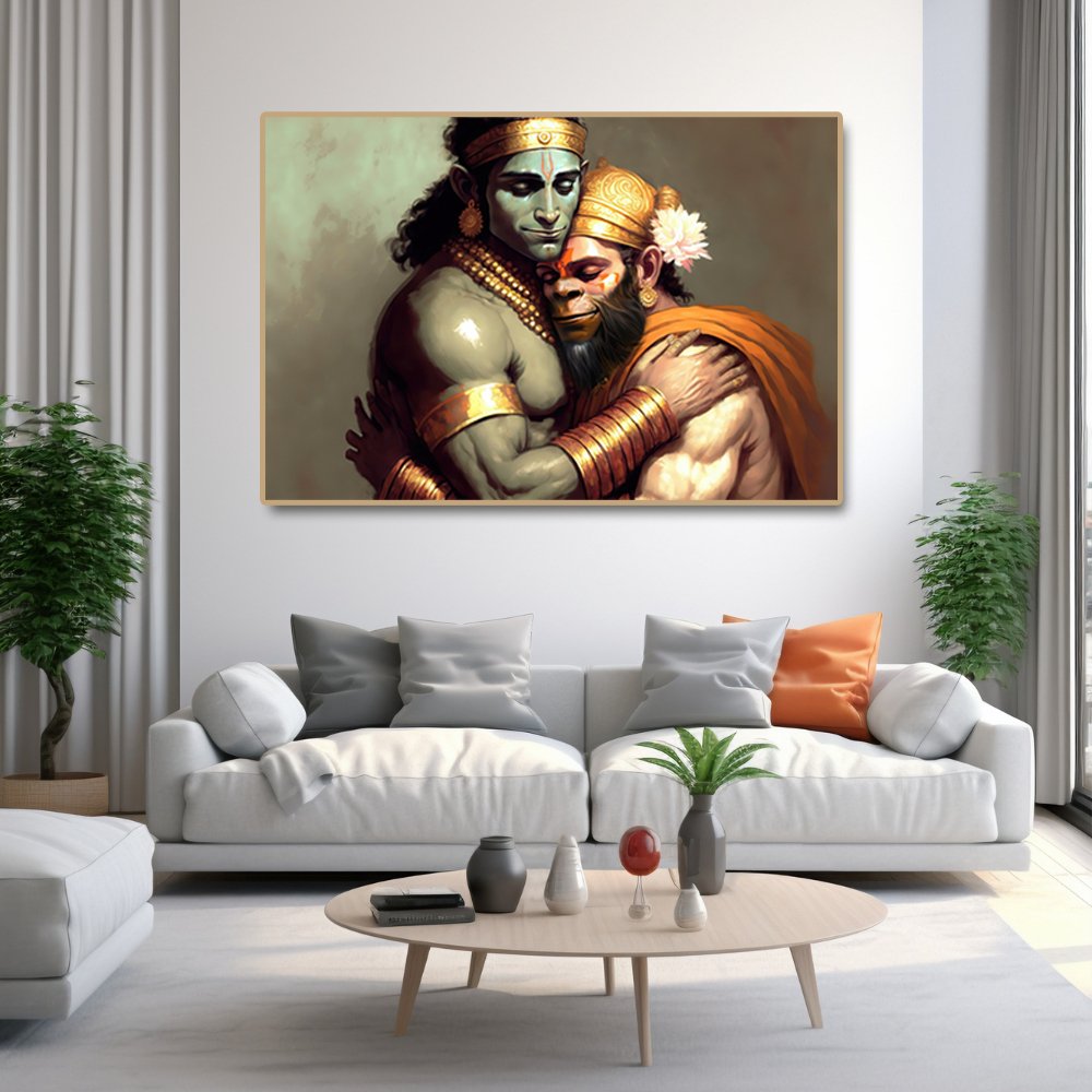 Eternal Bond: Rama and Hanuman in a Loving Embrace (36 x 24 Inches)