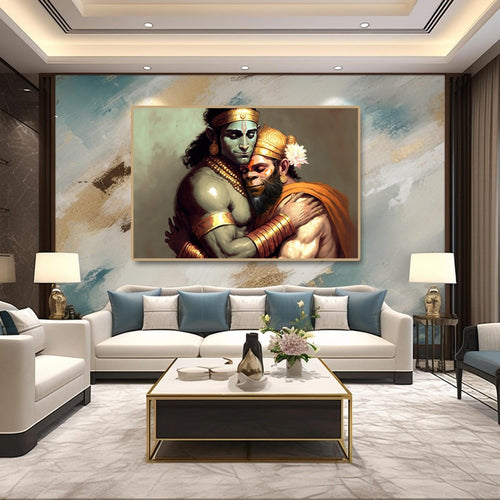 Eternal Bond: Rama and Hanuman in a Loving Embrace (36 x 24 Inches)