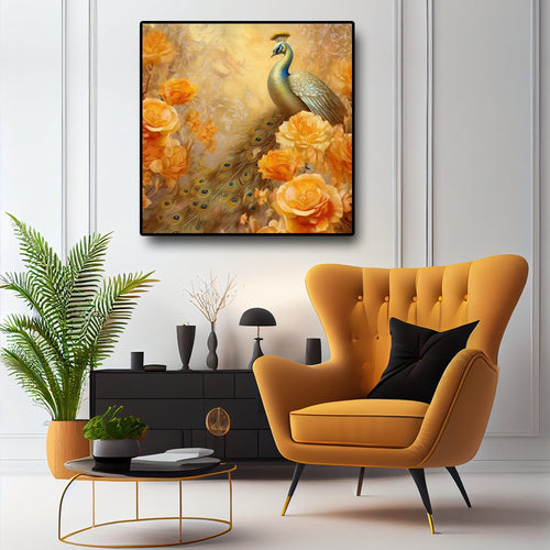 Gilded Beauty Canvas Painting of a Golden Peacock Amidst a Bed of Golden Roses (36 x 36 Inches)