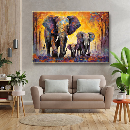 Harmonious Trio Canvas Painting of Three Beautiful Elephants in Sync (36 x 24 Inches)