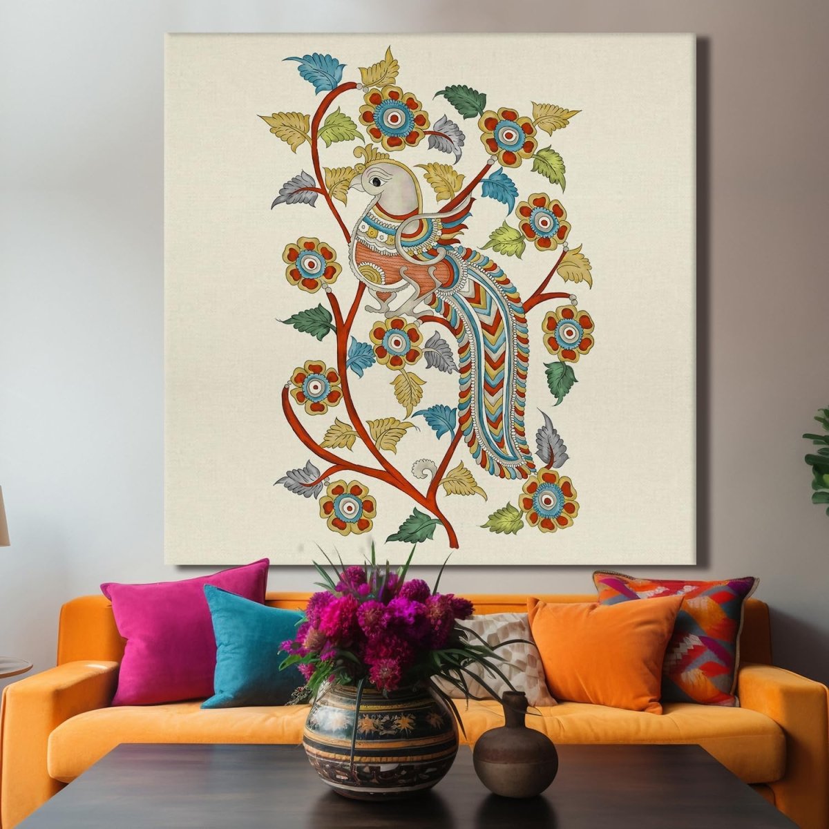 Kalamkari The Majesty of the Peacock Canvas Wall Art (36 x 36 Inches)
