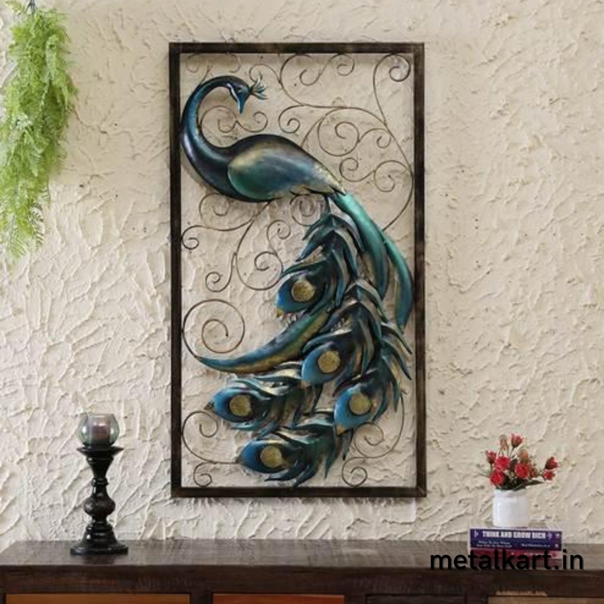 Metalkart special framed peacock wall decor (24 x 42 Inches)