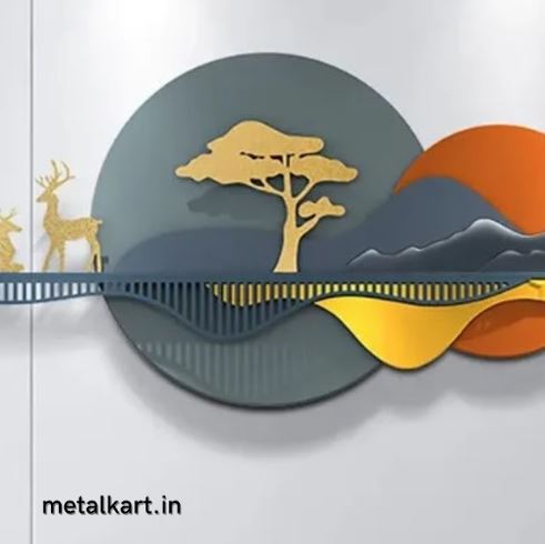 Metalkart Special Mountain Vista Nature Wall Art with Deers (52 x 20 Inches)