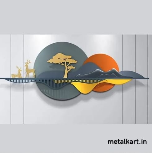Metalkart Special Mountain Vista Nature Wall Art with Deers (52 x 20 Inches)