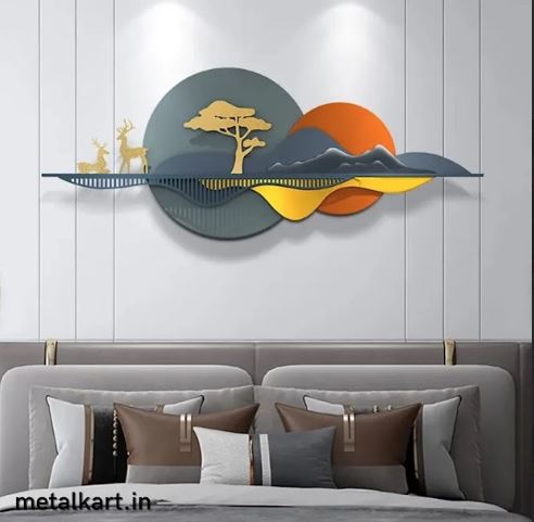 Metalkart Special Mountain Vista Nature Wall Art with Deers (52 x 20 Inches)