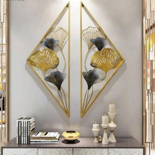 Metalkart Special Split Diamond with Leaves Wall Art (12 x 30 Inches Each)
