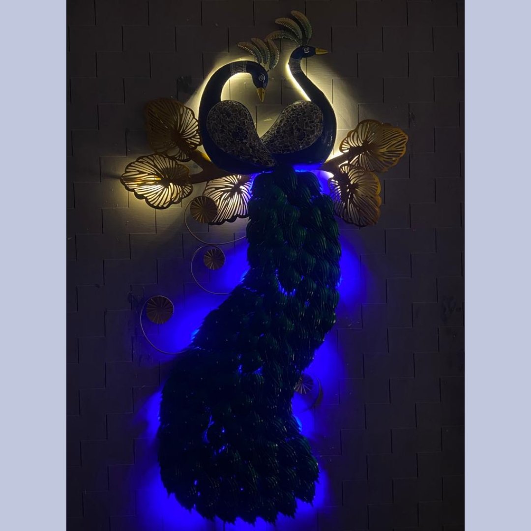 Metallic Double Peacock Wall sculpture (37 x 70 Inches)