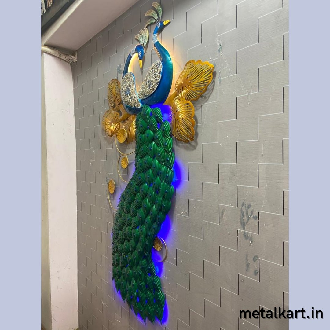 Metallic Double Peacock Wall sculpture (37 x 70 Inches)