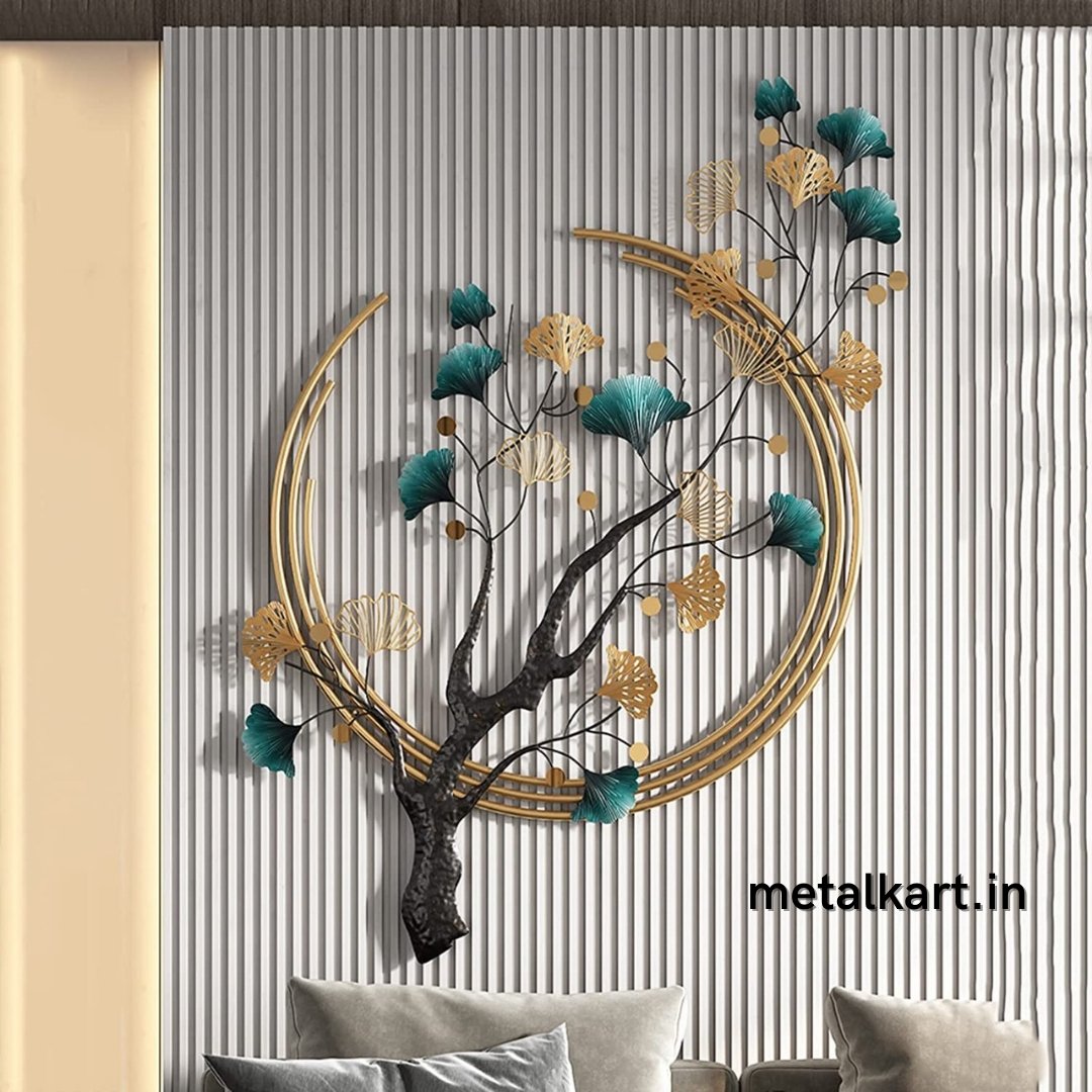 Metallic tree embracing moon wall hanging (48 x 28 Inches) - Punam