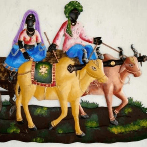 Metallic Wall Art Village life Bullock Cart (Starting 30 * 22 Inches)