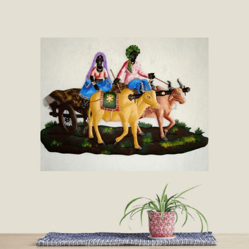 Metallic Wall Art Village life Bullock Cart (Starting 30 * 22 Inches)