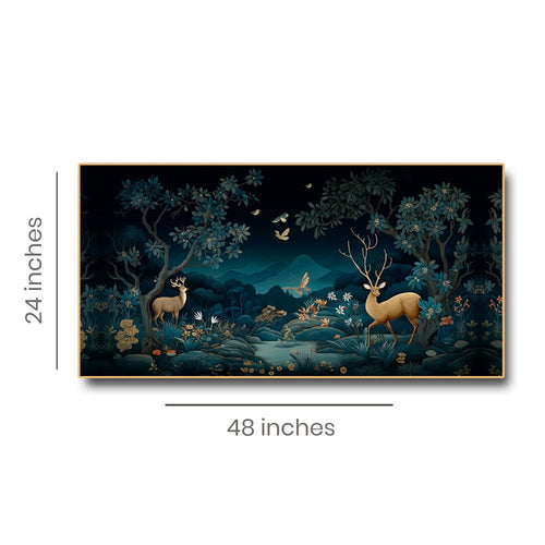 Midnight Musing Canvas Painting of Deer and Bird Engrossed in the Enchanting Moonlight (48x24 Inches)