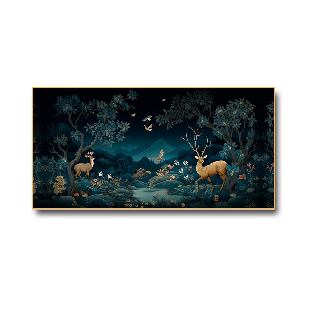 Midnight Musing Canvas Painting of Deer and Bird Engrossed in the Enchanting Moonlight (48x24 Inches)