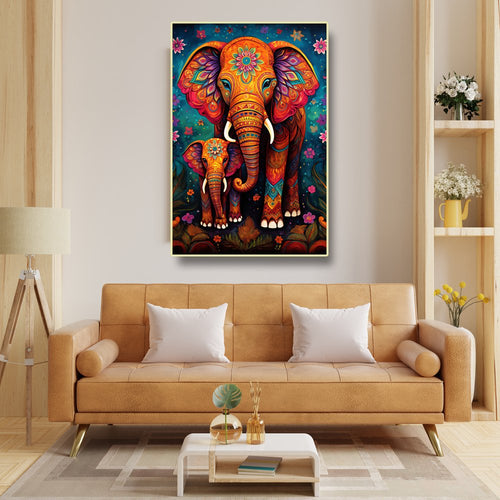 Mother's Love Canvas Painting of Two Majestic Elephants Adorned in Gentle Florals (36 x 24 Inches)