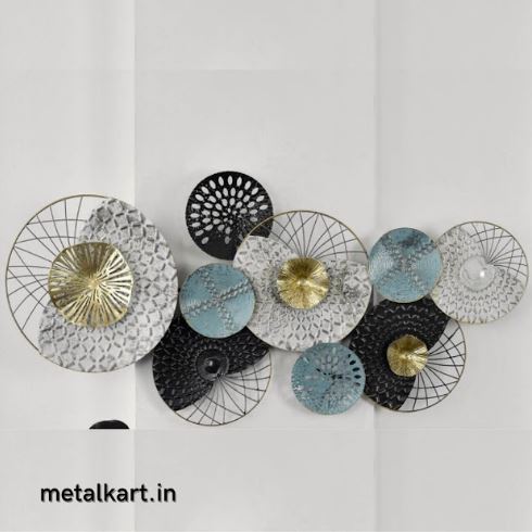 Oceanic Halo Metallic Wall Art with Golden and Serene Sea Blue Circles (48x24 Inches)