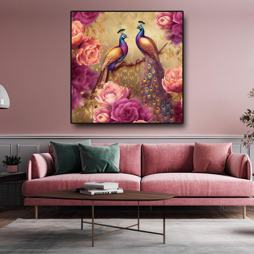 Pink Petal Princes Canvas Painting of Two Peacocks Resting on a Bed of Pink Flowers (36 x 36 Inches)
