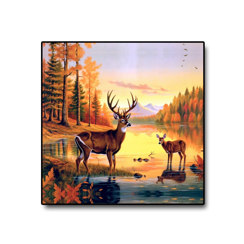 Playful Dawn Canvas Painting of Two Elegant Deer Frolicking in the Water (36 x 36 Inches)