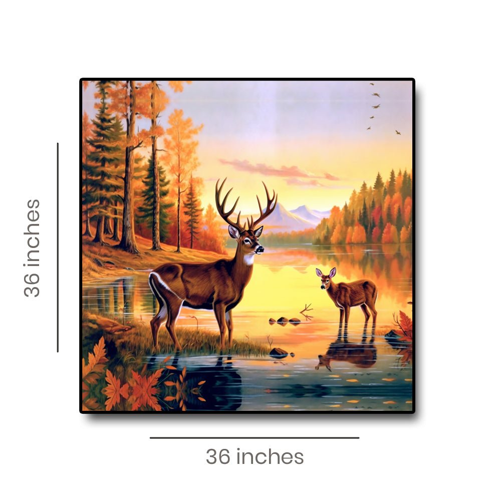 Playful Dawn Canvas Painting of Two Elegant Deer Frolicking in the Water (36 x 36 Inches)