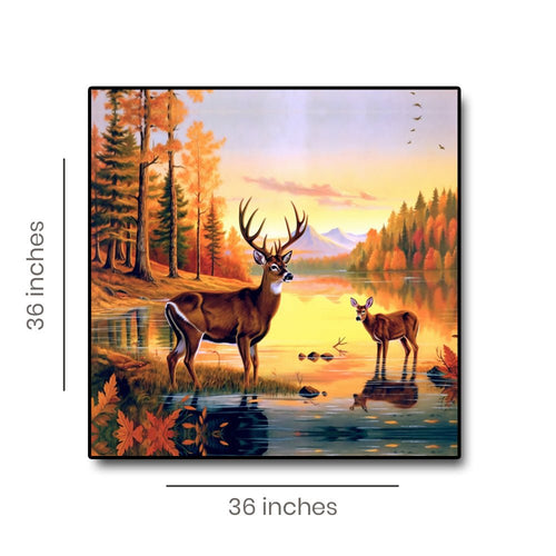 Playful Dawn Canvas Painting of Two Elegant Deer Frolicking in the Water (36 x 36 Inches)
