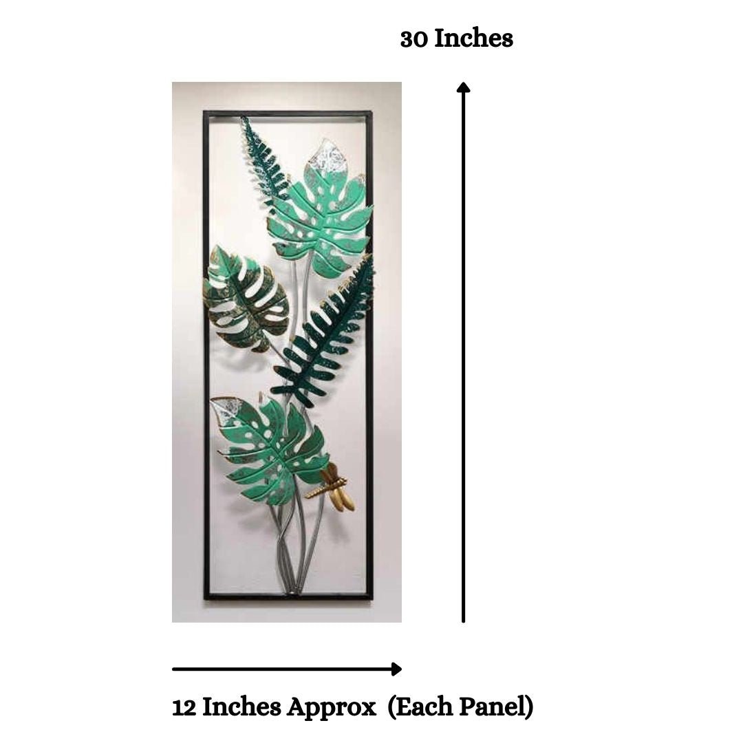 Premium Vertical 2 Framed Stylish Leaves Metal Wall Art (12 x 30 Inches Each Panel)