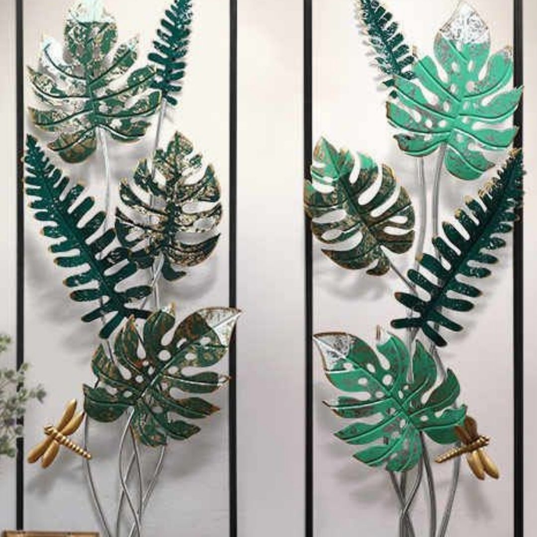 Premium Vertical 2 Framed Stylish Leaves Metal Wall Art (12 x 30 Inches Each Panel)