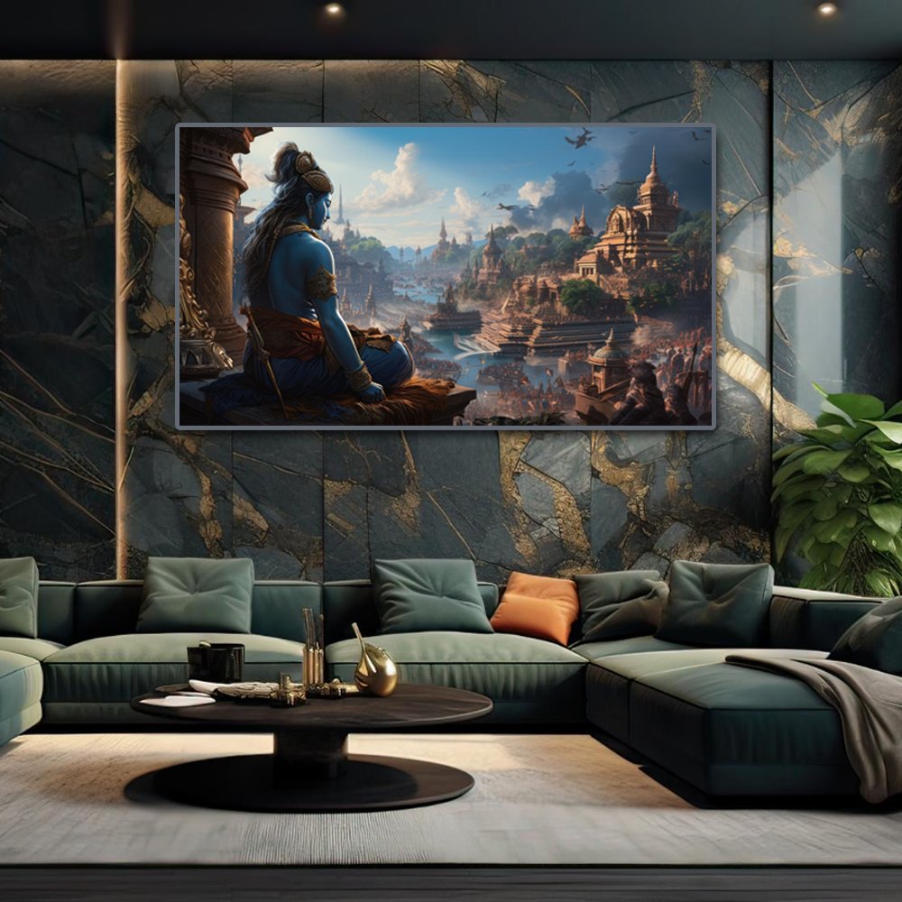 Rama's Serene Observation of Ayodhya's Splendor (48 x 24 Inches)