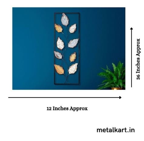 Regal Foliage Metallic Wall Art with 9 Delicate Leaves in a Vertical Hollow Frame (12 x 36 Inches)